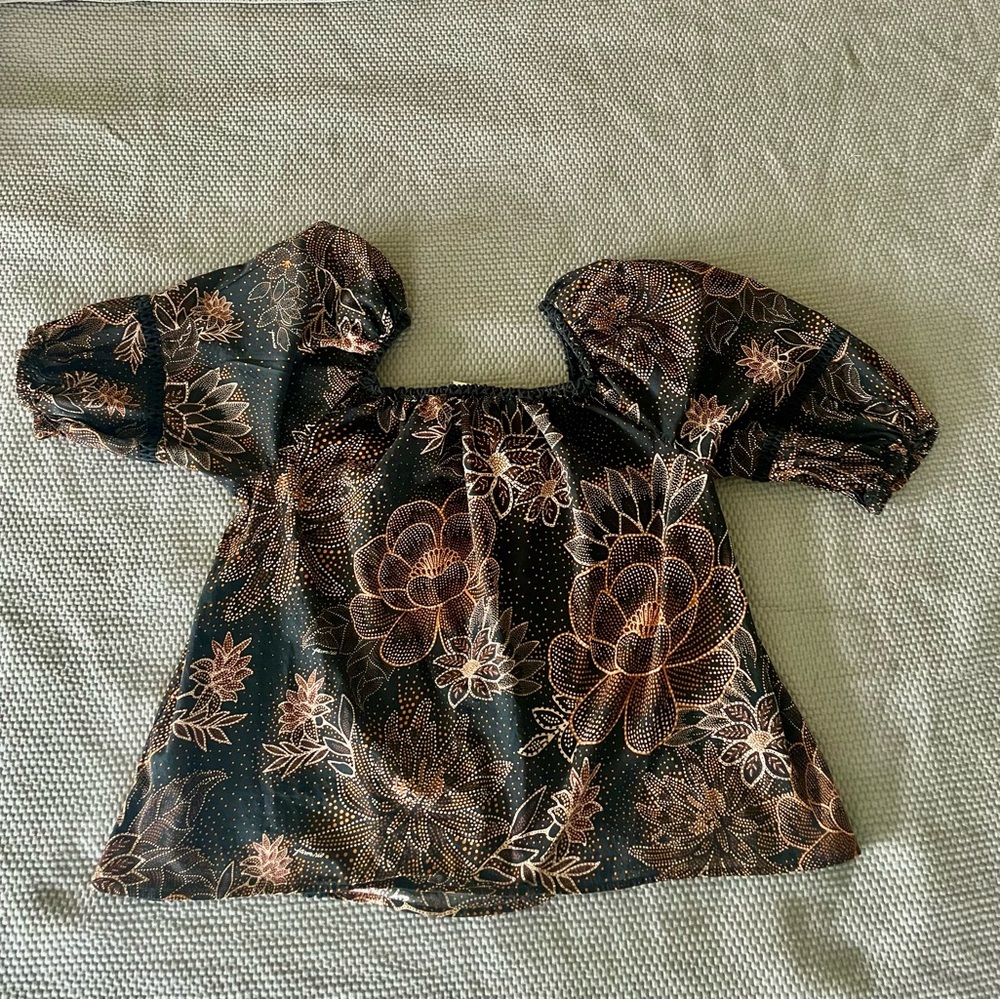 Farm Rio Brown and White Ruffled Blouse with 3/4 Sleeves - Picture 3 of 6